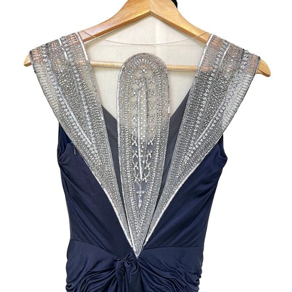 Reem Acra Beaded Embellished Mesh Back Gown Navy Blue Size 4 - Picture 3 of 13